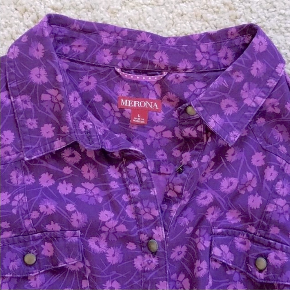 NWOT Merona Purple Floral 3/4 Sleeve Belted Shirt Dress with Pockets, Size L - Picture 8 of 14
